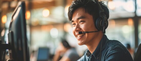 Asian man working in a call center or office, providing customer service and support, with a positive and enthusiastic attitude as a tech sales consultant or receptionist. - obrazy, fototapety, plakaty