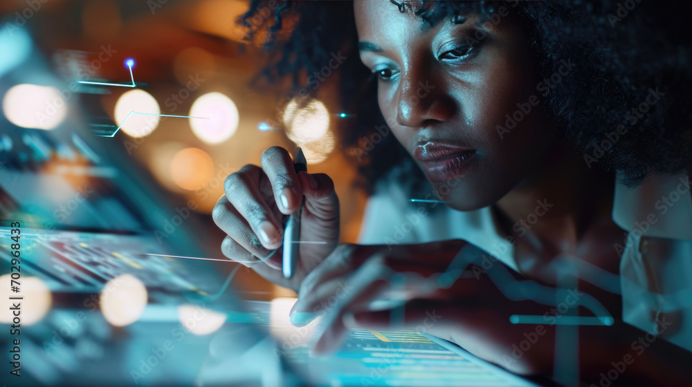 Poster person interacting with a futuristic touchscreen interface, analyzing data and graphs with a stylus 