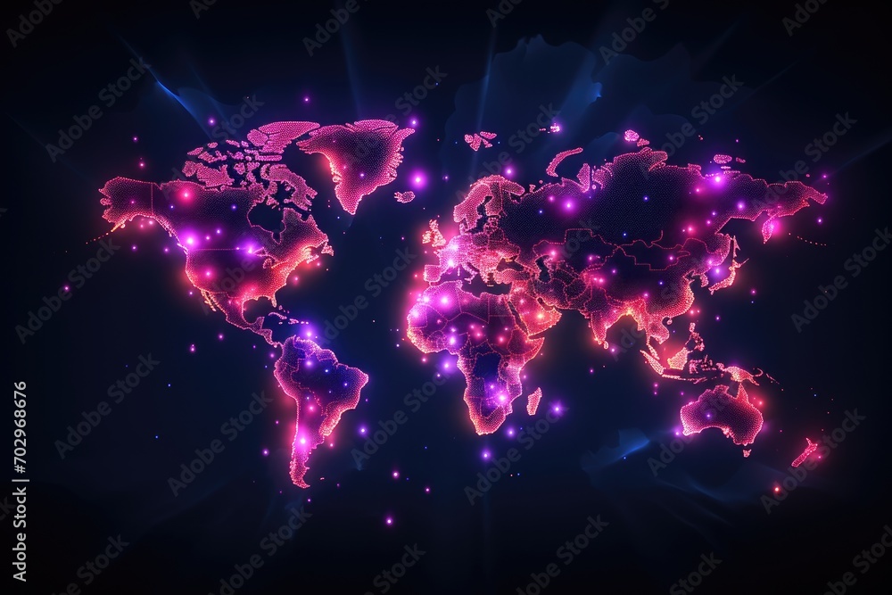 Aufkleber map of the world with glowing lines and particles. vector illustration, pixel world map with spotlig