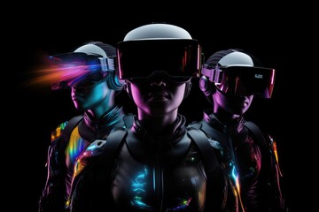 3D rendering of a group of futuristic people in virtual reality glasses, People wearing VR headsets and standing, with a hologram effect covering their full face against a black, AI Generated