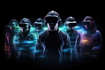 Group of people with virtual reality goggles against black background with vignette, People wearing VR headsets and standing, with a hologram effect covering their full face, AI Generated - Powered by Adobe