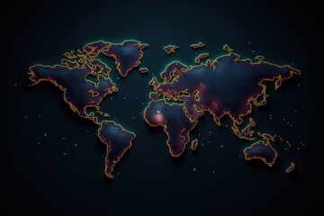 World map with glowing neon lines on dark background. Vector illustration, Pixel world map with spotlight effects, AI Generated