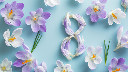 A creative "8" made of blooming crocuses on a pastel periwinkle background, Women's day, pastel background, Flat lay, top view, with copy space