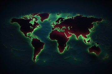 Fototapeta na wymiar Glowing map of the world on dark background. 3d illustration, Pixel world map with spotlight effects, AI Generated