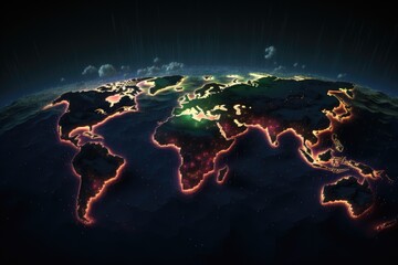 North America from space on planet Earth with visible city lights. 3D illustration, Pixel world map with spotlight effects, AI Generated