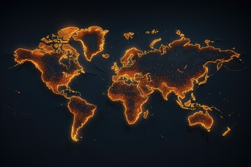 Map of the world, glowing lines on dark background. Vector illustration, Pixel world map with spotlight effects, AI Generated