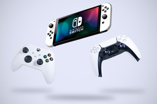 Nintendo Switch, Xbox and Playstation controller on white background, 3D illustration, 4 Jan 2024, Sao Paulo, Brazil.