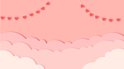 Garland of hearts and clouds on a pink background. Valentine's Day. Flat, illustration, space for text, banner