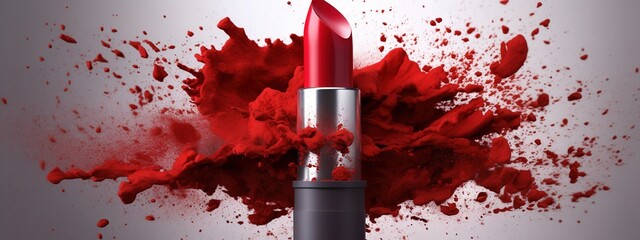 Lipstick splash, red lipstick blast. Abstract background Explosion of Red Dust - obrazy, fototapety, plakaty
