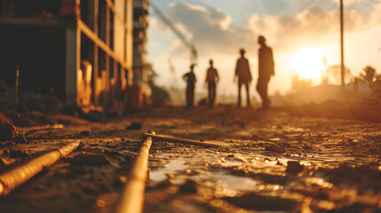 Fototapeta premium A construction team working together on a building site, Teamwork, blurred background, with copy space
