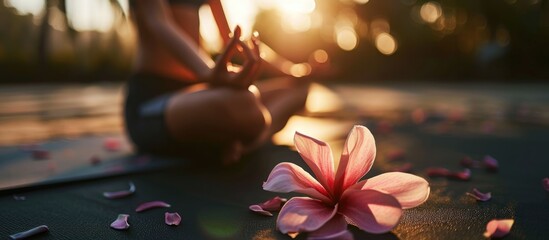 Focused tropical flower held by blurred Balinese girl doing yoga in Lotus pose outdoors. Healthy lifestyle. Cropped image of woman in sportswear on fitness mat. - obrazy, fototapety, plakaty