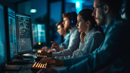 A tech team troubleshooting together in front of computer monitors, Teamwork, blurred background, with copy space