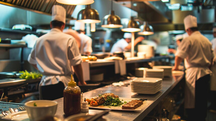 Chefs collaborating in a busy restaurant kitchen, Teamwork, blurred background, with copy space
