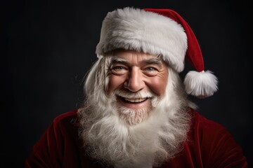 Naklejka premium Portrait of smiling santa claus looking at camera on dark background, portrait of smiling senior man in Santa Claus hat with long white beard looking at camera against dark background, AI Generated