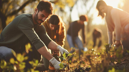 A group of volunteers working together for a community cause, Teamwork, blurred background, with copy space