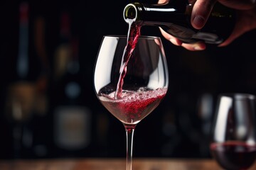Pouring red wine into wineglass on wooden table on dark background, Pouring red wine into a wine glass by hand, close-up, AI Generated