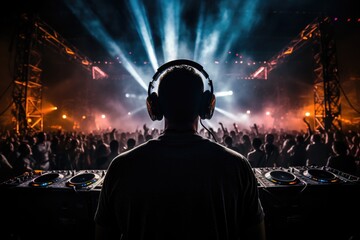 back view of disc jockey wearing headphones and mixing music in nightclub, Rear view of a DJ with...
