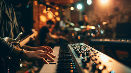 A musical band practicing together in a studio, Teamwork, blurred background, with copy space