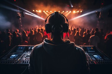 DJ with headphones on the background of a crowd of people in a nightclub, Rear view of a DJ with...