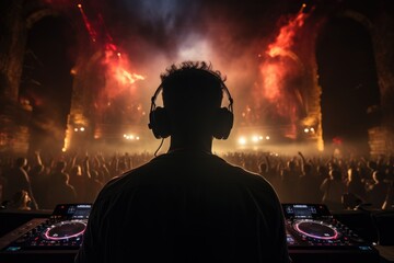 Silhouette of dj in front of the crowd at a music festival, Rear view of a DJ with headphones at a nightclub party, AI Generated