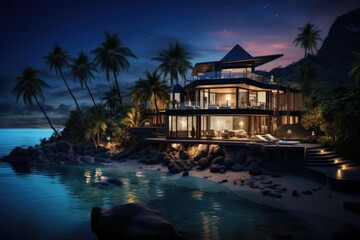 3d rendering of modern cozy chalet with pool and sea view at night, Island in the middle of the...