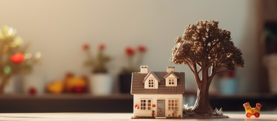 Selective focus on toy house and flower pot, burnt tree sign on white shelf, home sweet home.