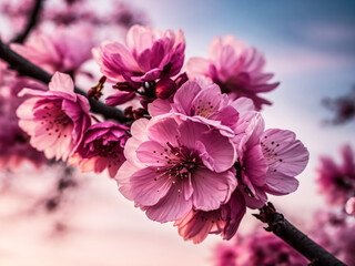 Capture a stunning close-up shot of delicate cherry blossoms, showcasing their intricate pink petals and the beauty of springtime