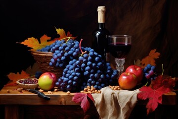 bottle of wine, grapes and autumn leaves on wooden table on dark background, Juicy indulgence, A tantalizing arrangement of juicy blue grapes and bottles of red wine on a brown, AI Generated