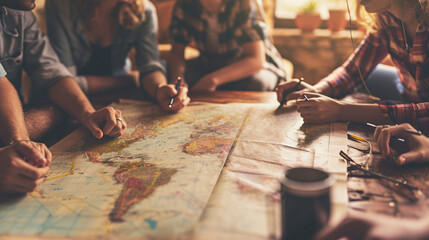 Fototapeta premium A group of friends planning a trip together with a map, Teamwork, blurred background, with copy space