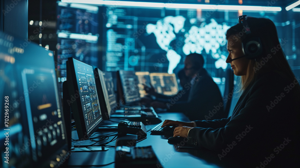 Poster a cybersecurity team monitoring networks on multiple screens, team, teamwork, blurred background, wi
