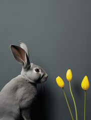 Cute grey Easter bunny with three yellow spring tulips on dark grey background with copy space. Funny pet rabbit smelling flowers. Elegant greeting card or poster.