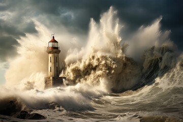 Fototapeta na wymiar Stormy sea with big waves and lighthouse. 3D illustration, Lighthouse hit by a massive wave, AI Generated