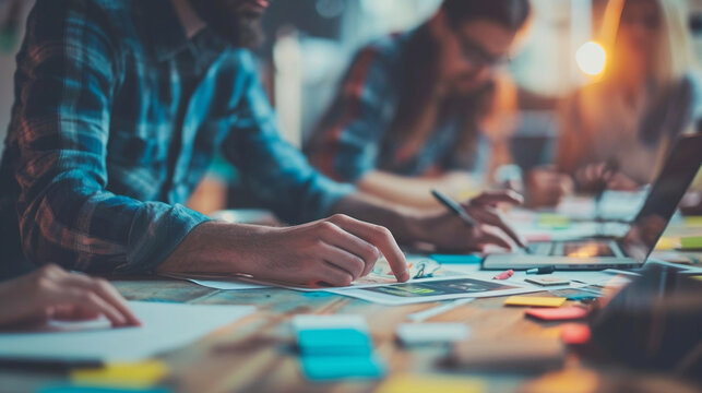 A team of web developers collaborating on design and layout, Team, Teamwork, blurred background, with copy space