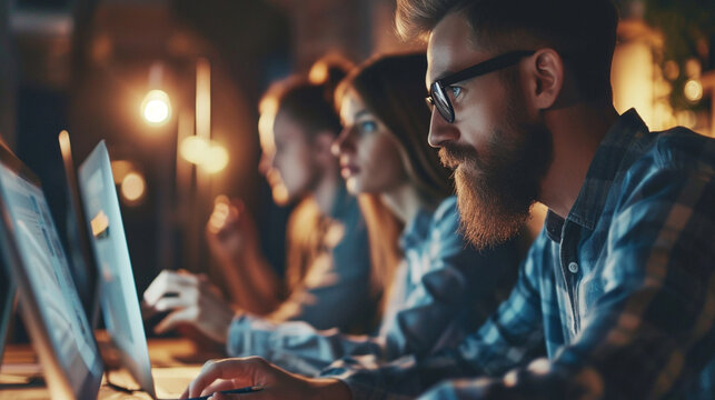 A group of IT professionals presenting a new software to clients, Team, Teamwork, blurred background, with copy space