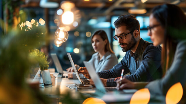 IT professionals working collaboratively in an open-plan office, Team, Teamwork, blurred background, with copy space - Powered by Adobe
