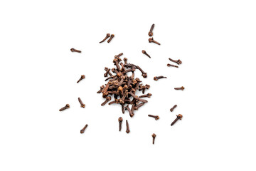 Closeup of organic dry spice cloves isolated on a transparent with shadows background from above,...
