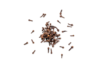 Closeup of organic dry spice cloves isolated on a transparent with shadows background from above, top view