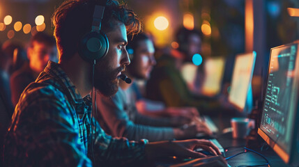 A team of IT experts engaged in a hackathon event, Team, Teamwork, blurred background, with copy space