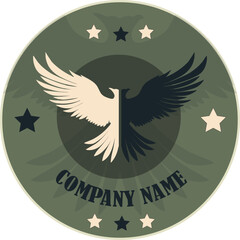 Proud raven bird, eagle spread its wings on green background. Vector illustration, emblem logo