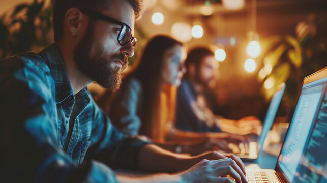 A team of IT experts engaged in a hackathon event, Team, Teamwork, blurred background, with copy space