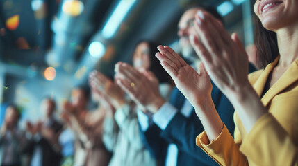 Colleagues giving a standing ovation to an awarded team member, Team, blurred background, with copy space