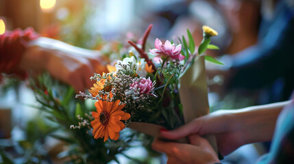 A team presenting flowers and a thank you card to a colleague, Team, blurred background, with copy space