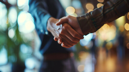 A manager personally thanking an employee with a handshake, Team, blurred background, with copy space