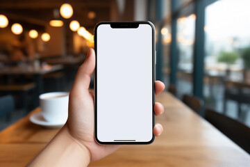 A person enjoying his free time in a cafe by looking at his smart phone. blank screen of the smart phone