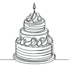 Continuous one line drawing of a cake decorated with cream. Vector graphic illustration of a single line drawing. large cake with candles in one line