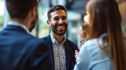 An employee being congratulated by colleagues for a personal achievement, Team, blurred background, with copy space