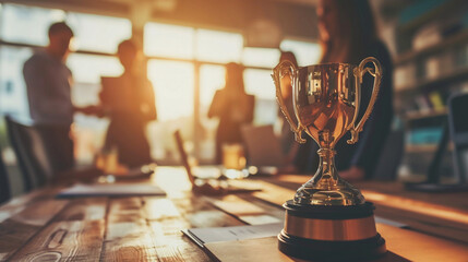 A team presenting a custom award to a peer for outstanding performance, Team, blurred background, with copy space