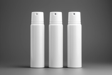 Mock up of three white aluminum deodorant or spray bottles on a grey background 