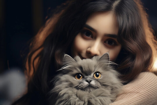 Photo realistic image of a young woman playing with her cat in her room