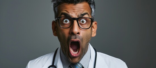 Indian man in doctor's coat, appearing shocked and sarcastic, with open mouth in surprise. - obrazy, fototapety, plakaty